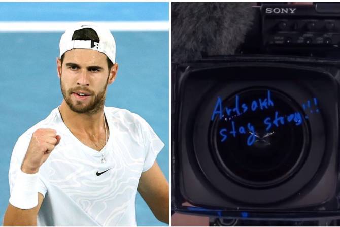 После очередной победы на Australian Open Карен Хачанов написал на камере «Арцах, держись!»