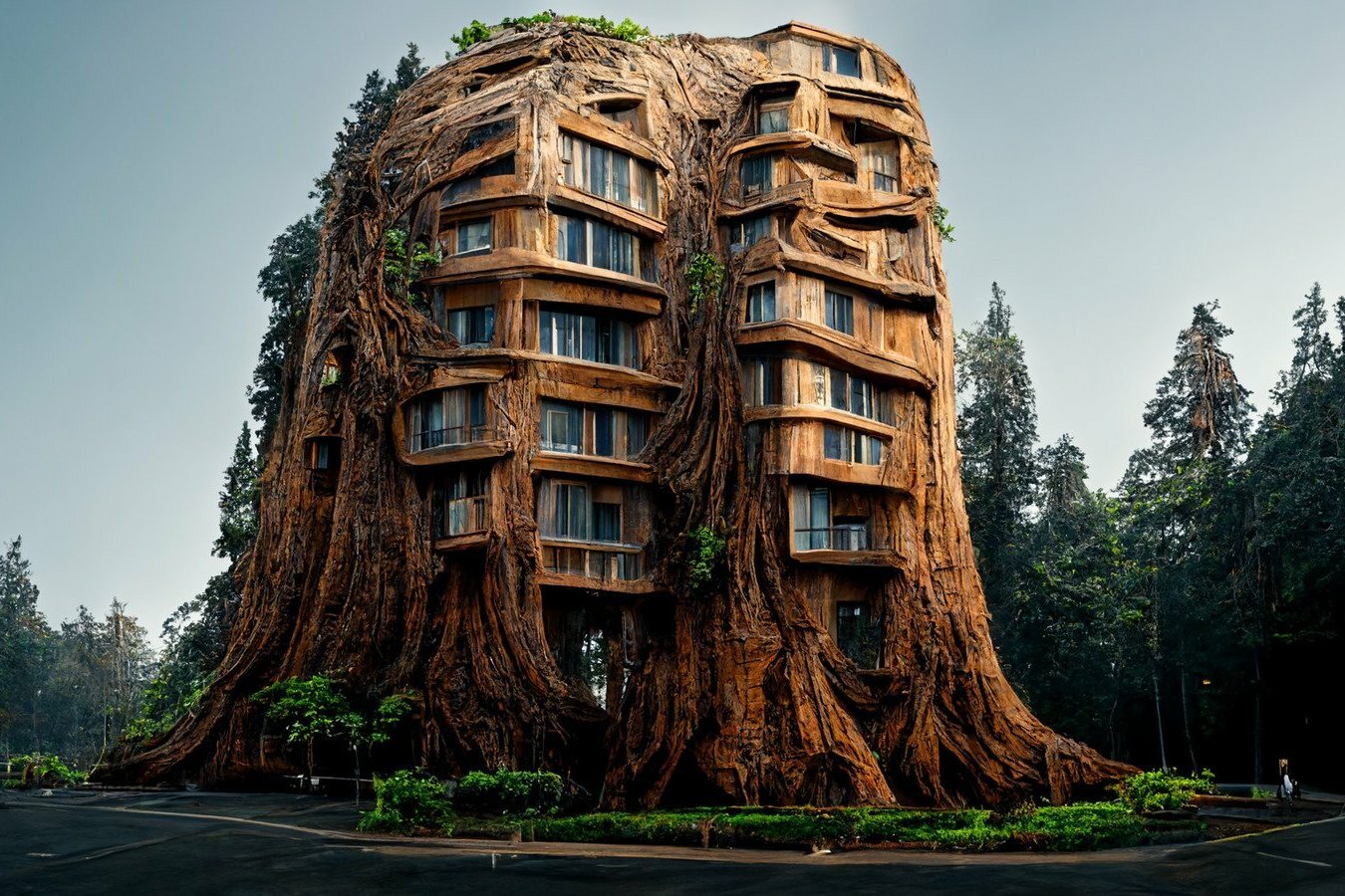 Индийский архитектор и нейросеть Midjourney создали концепт встроенного в природу растущего дома-дерева